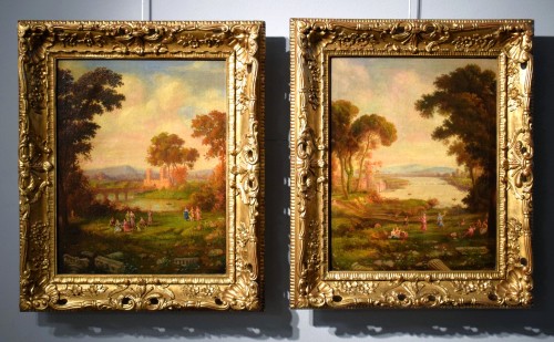 Paysages arcadiens, École romaine du XVIIIe siècle - Tableaux et dessins Style Louis XV